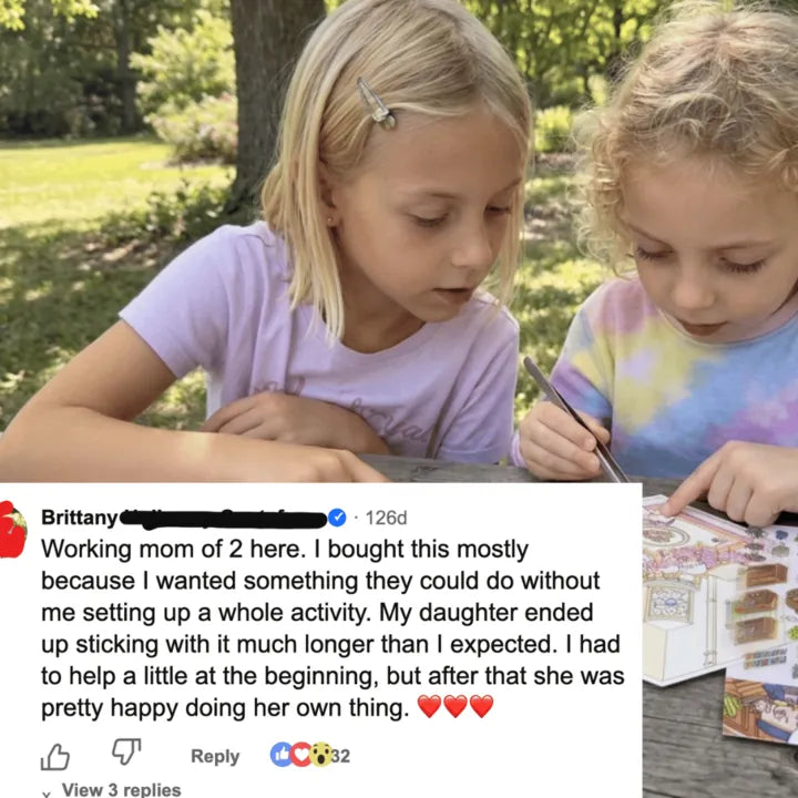 Customer review showing two children building a miniature scene outdoors
